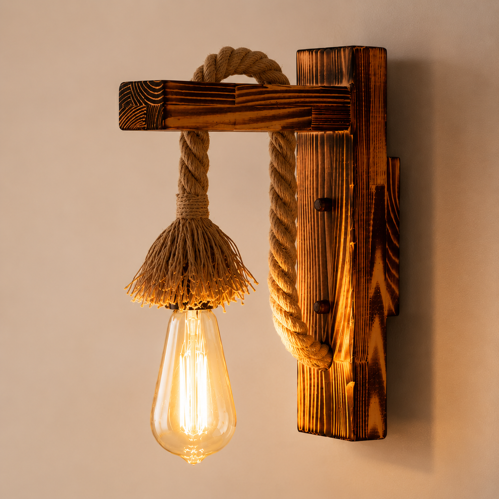 Lampara Aplique de Madera de Yute - Incluye Ampolleta